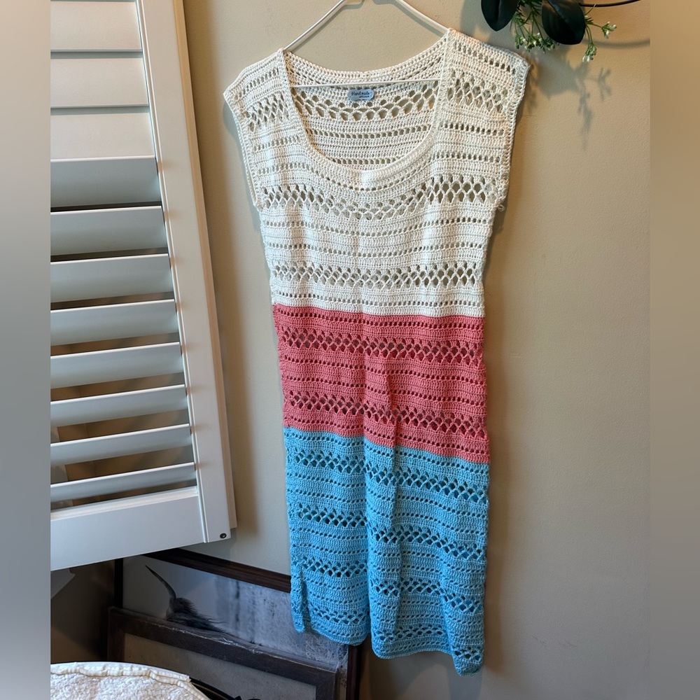 Crochet Striped Dress in White, Pink, and Blue - Picture 1 of 13